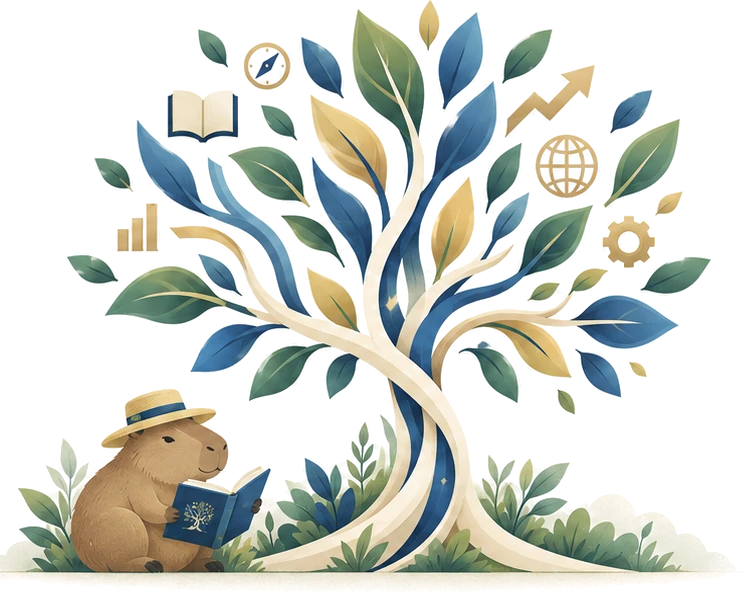 A Capi, uma capivara de chapéu de palha, lê um livro ao pé de uma árvore de folhas verdes, azuis e douradas.